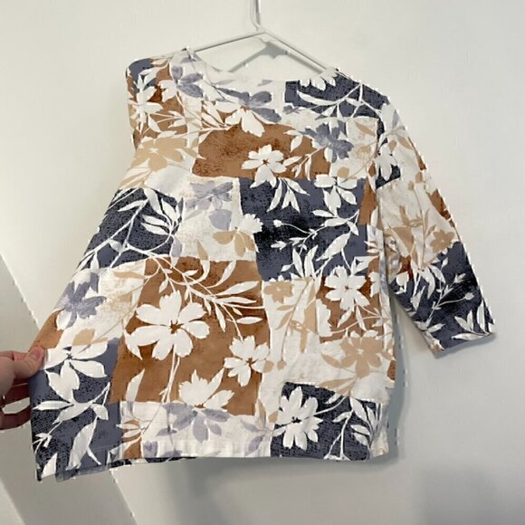 ALFRED DUNNER White Brown Tan Gray ? Floral Patchwork Studded 3/4 Sleeve Blouse - Picture 13 of 13